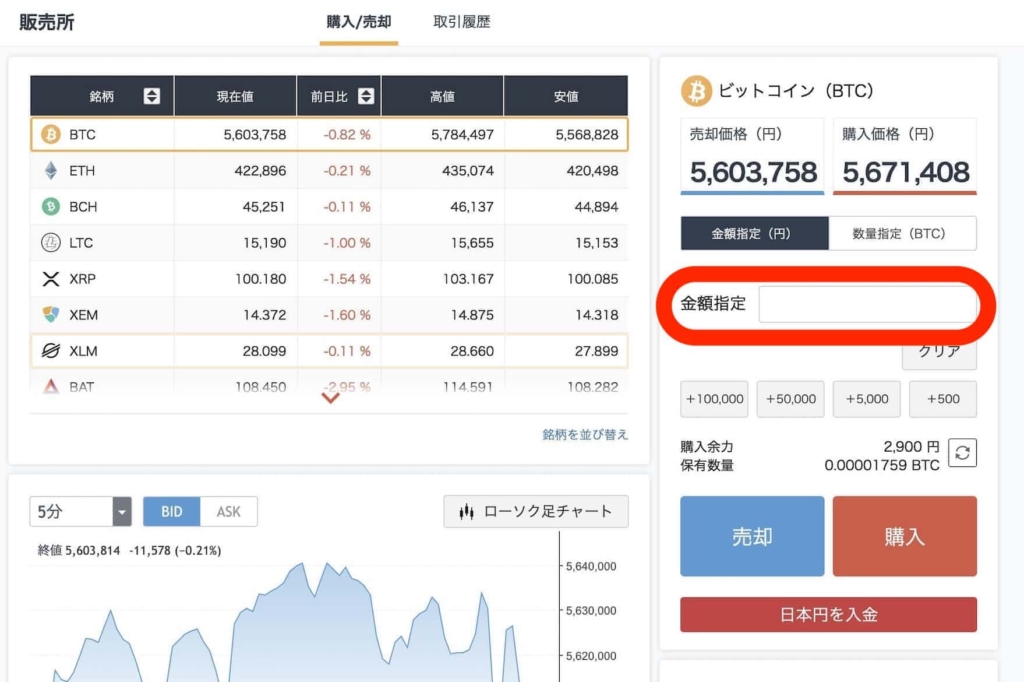 販売所:GMOコインのパソコン(PC)でビットコインを購入する方法・買い方
